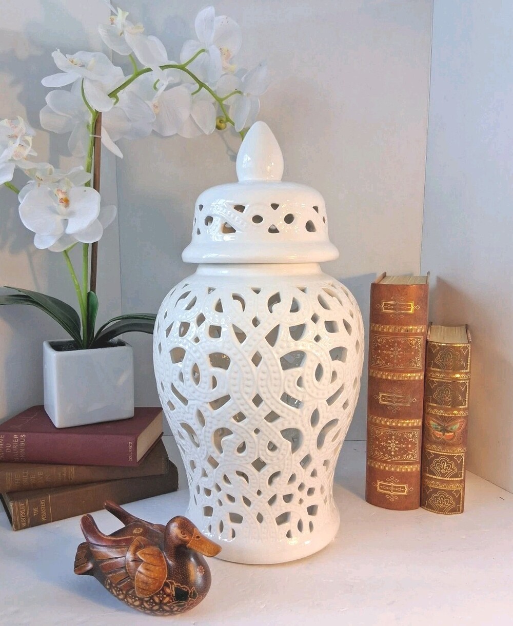 XLarge White Ceramic Pierced Lattice Ginger Jar with Lid - Chinoiserie 18"H